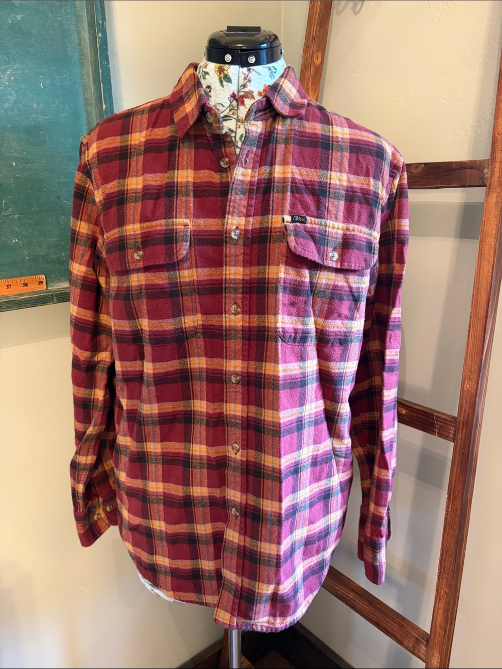 Obey Men's Burgundy and Gold Plaid Button-Down Shirt
